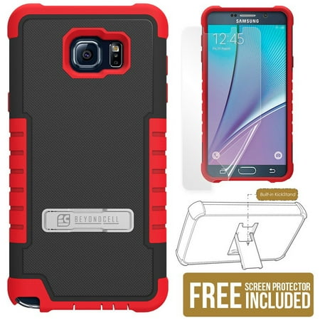 BEYOND CELL BLACK/RED TRI-SHIELD RUGGED SOFT SKIN HARD CASE COVER WITH KICKSTAND + SCREEN PROTECTOR FOR SAMSUNG GALAXY NOTE 5 PHONE