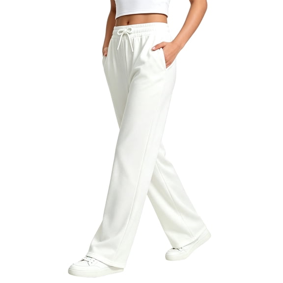choiix Women's Fleece Lined Sweatpants with Pockets Drawstring Wide Leg Joggers Loose Casual Lounge Trousers White S