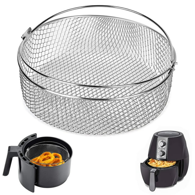 HLONK 8-Inch Stainless Steel Air Fryer Basket with Handle – Mesh Steamer Insert for 6Qt & 8Qt Instant Pot Models Ideal for Healthy Cooking Includes Vegetable and Fruit Prep Accessory