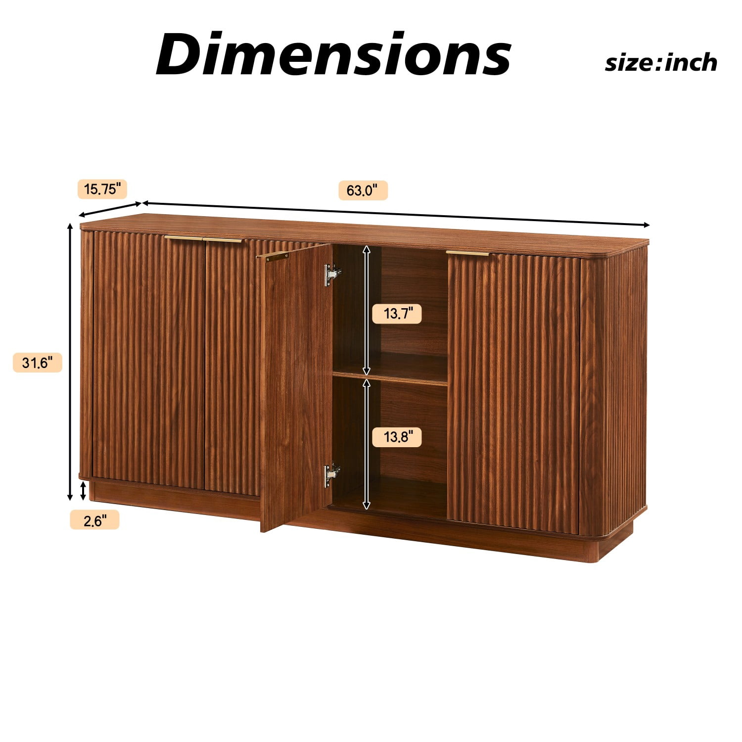 63" Buffet Cabinet with Storage, Walnut Sideboard Cabinet with 4 Doors, Curved Wave TV Stand Credenza Console Cabinet for Living Room, Dining Room, Bedroom, Hallway
