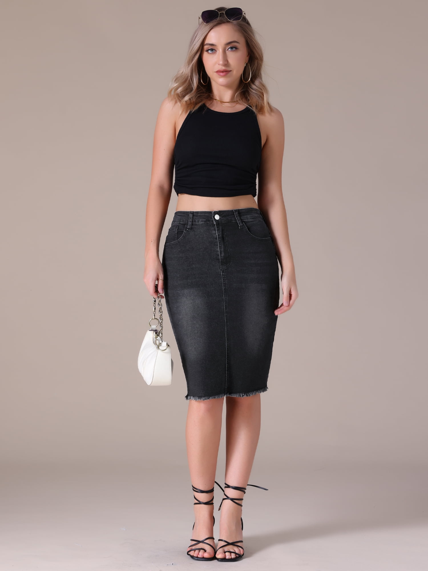 DARING DIVA Women's Denim Raw Hem Pockets Pencil Skirt S Black