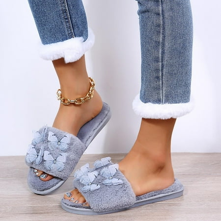 

AXXD Sandals Women Autumn And Winter Women Flat Bottomed Shoes Sandals Casual Butterfly Woolly Slippers Outside(6 Gray)