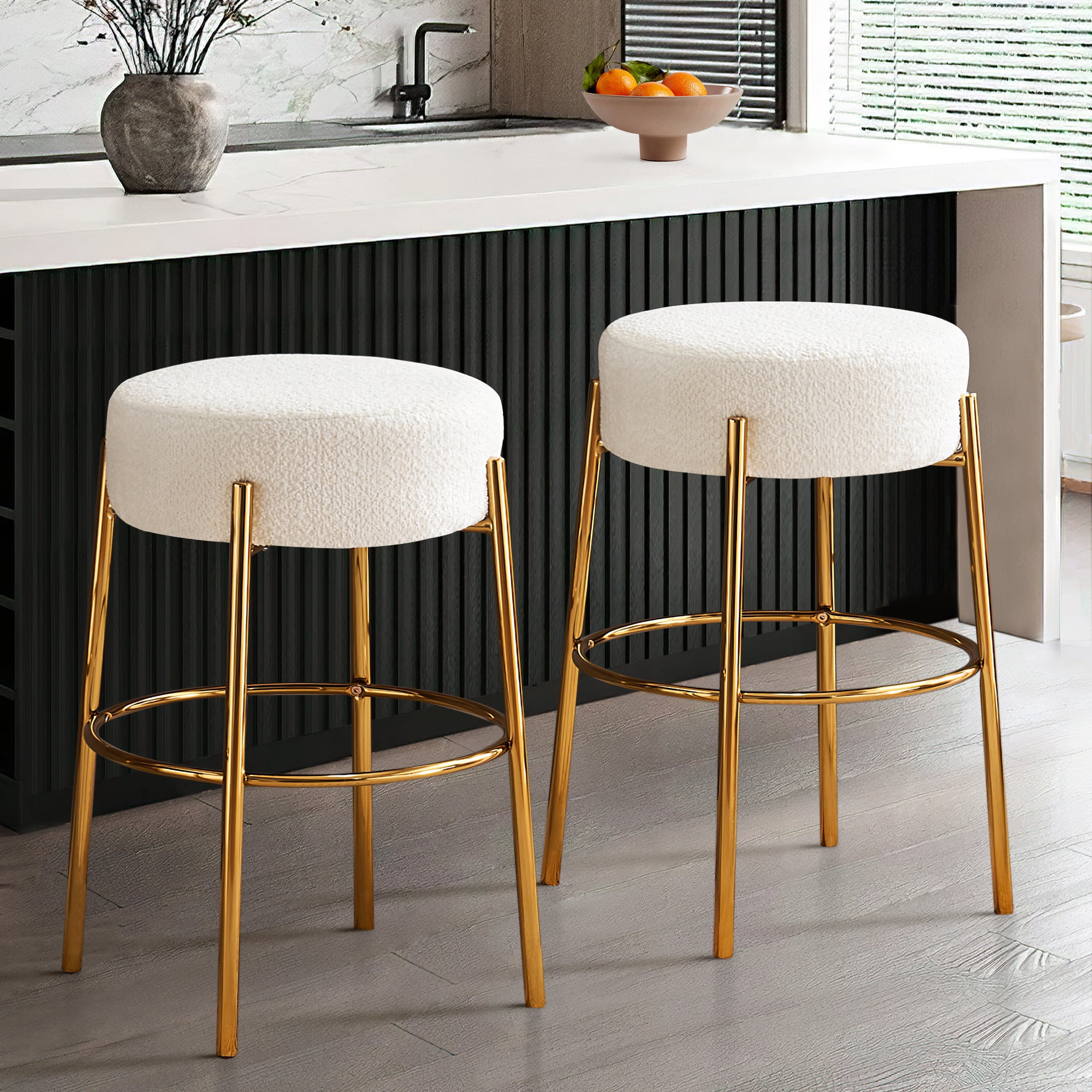 Miniyam Bar Height Bar Stools Set of 2,Boucle Kitchen Stools Upholstered Dining Chair Stools 30 Inch Height,White+Gold