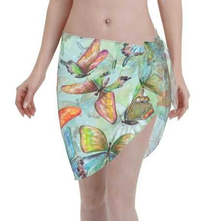 Adobk Women Beach Sarong Bathing Suit Retro Seamless Flying Butterflies Print Wrap Skirt Sheer Bikini Swimsuit Cover Ups For Swimwear