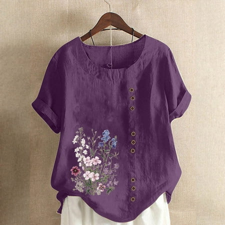 Qhnvtd Plus Size White Shirt Baby Tees For Women Black T Shirts Womens White Tank Top Women Casual Cotton And Linen Short Sleeve Button Blouse Tops Purple