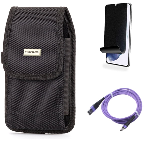 For Samsung Galaxy S21 (6.2") - [Fingerprint Works] TPU Film Privacy Screen Protector   Type-C Purple 10ft USB Cable   Holster Rugged Case Belt Clip