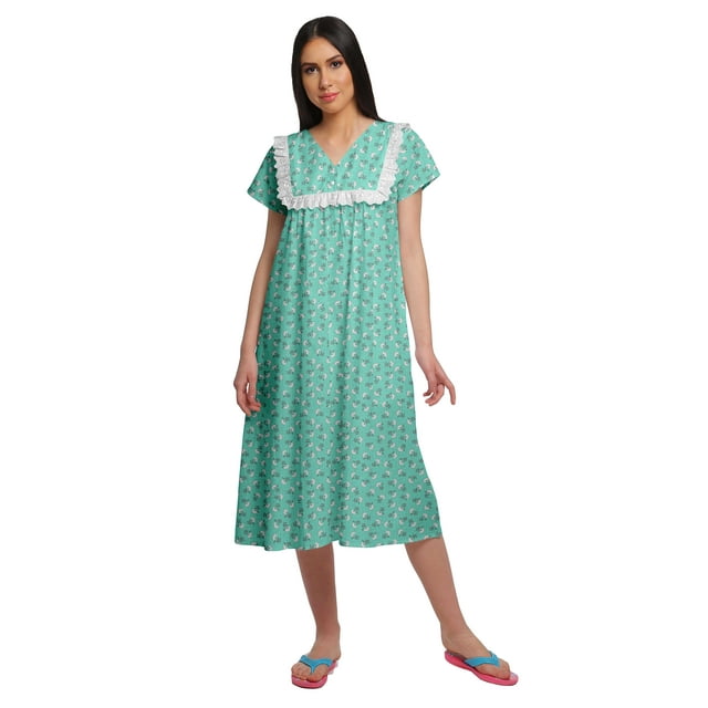 Moomaya Robe de Nuit à Manches Courtes Imprimée pour Femme, Col en V, en Coton