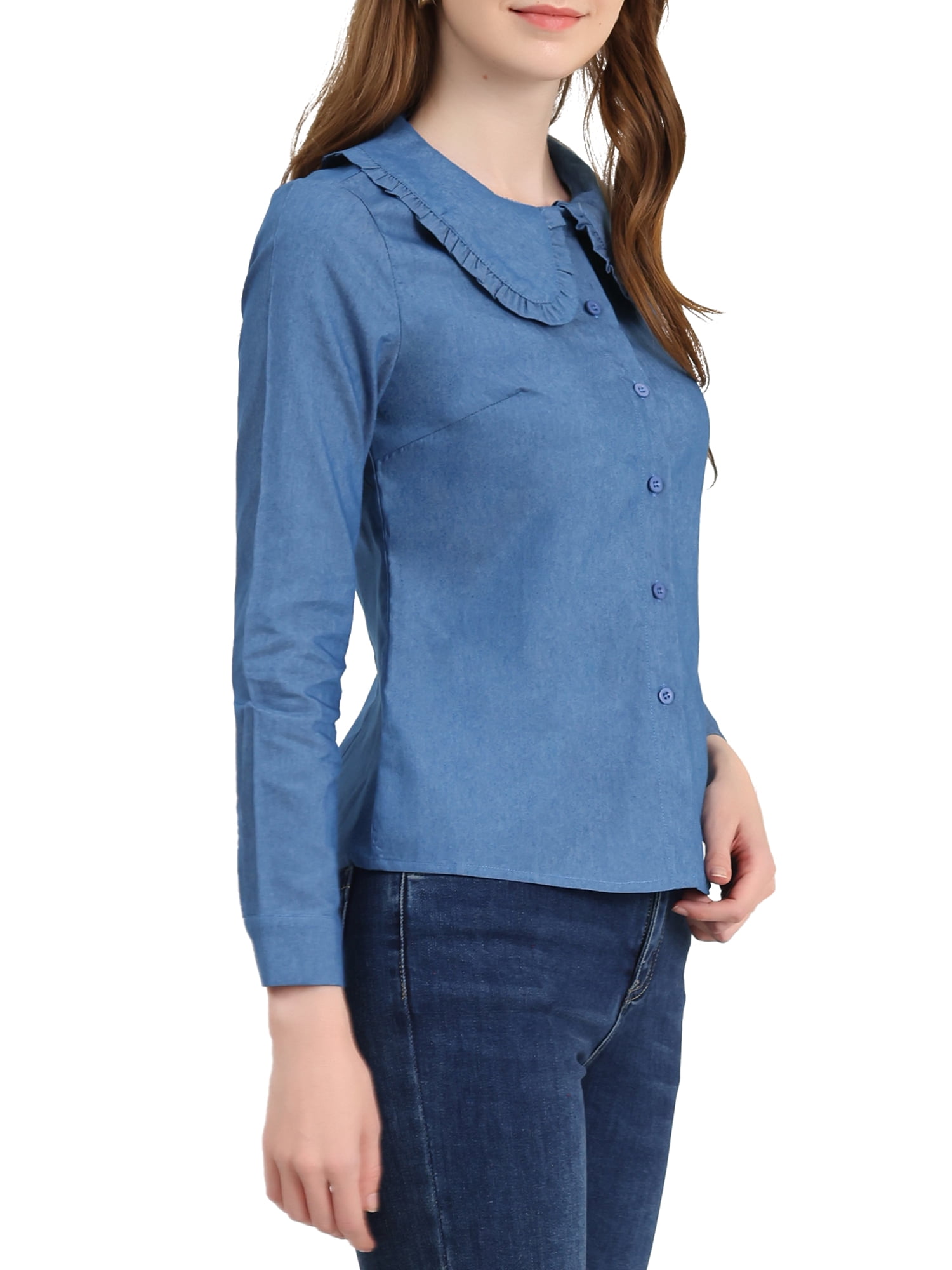 Unique Bargains Women's Peter Pan Collar Jean Ruffled Button Down Denim Shirt
