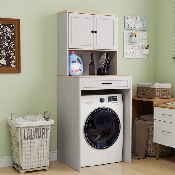 Over the Washer Dryer and Robot Vacuum Storage Cabinet for Compact Washing Machines Laundry Room Organizer with 1 Door Adjustable Shelf and Fake Drawer Design Antique White