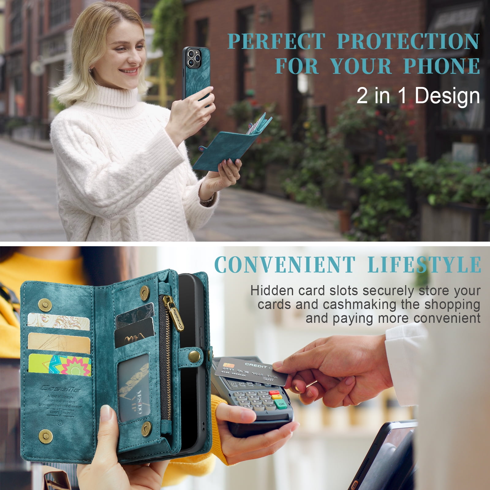 for iPhone 16 Premium PU Leather Folding Case, Multiple Card Slots Design, Wrist Strap Zipper Pocket Kickstand Magnetic Snap, Wireless Charging for iPhone 16, Green