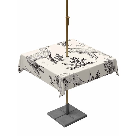 Outdoor Tablecloth with Umbrella Hole for Patio/Picnic/Party/Camping, Vintage Elk Fox Waterproof Table Cloth Square Cover Washable, Rustic Beige Simple Drawn Grass (60"x 60")