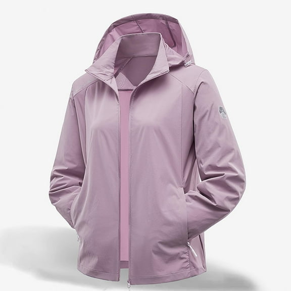 EchfiProm Hot Pink Women Windbreaker Jacket Zip-up Fall Hooded Waterproof Lightweight Coat