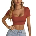 thumbnail image 3 of Jdlsppl Women's Sexy Shirt Crop T Shirt Short Sleeve Square Neck Fashion Soft Summer Spring Cool Basic Top Orange Large, 3 of 4