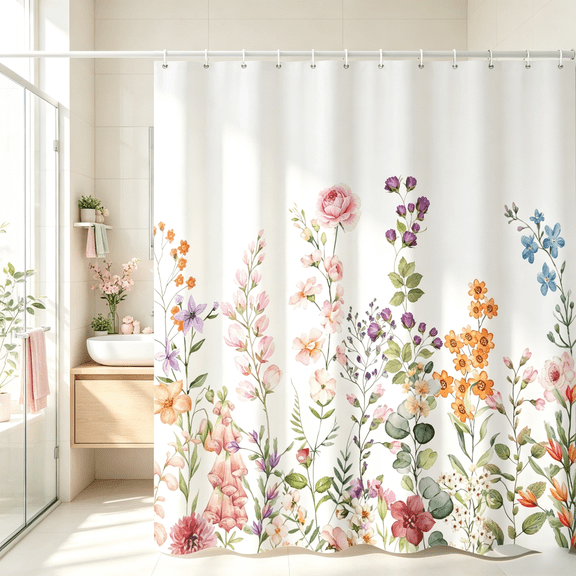 SUNOLIFE Floral Shower Curtain Spring Flowers Waterproof Fabric Bathroom Curtain with Hooks,72"W x 72"L