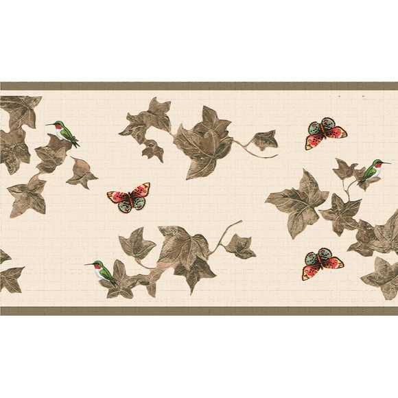 Dundee Deco's Peel and Stick Wallpaper Border - Nature Green Tan Leaves and Butterflies Wall Border Retro Design, 15 ft x 7 in (4.57m x 17.78cm), Self Adhesive