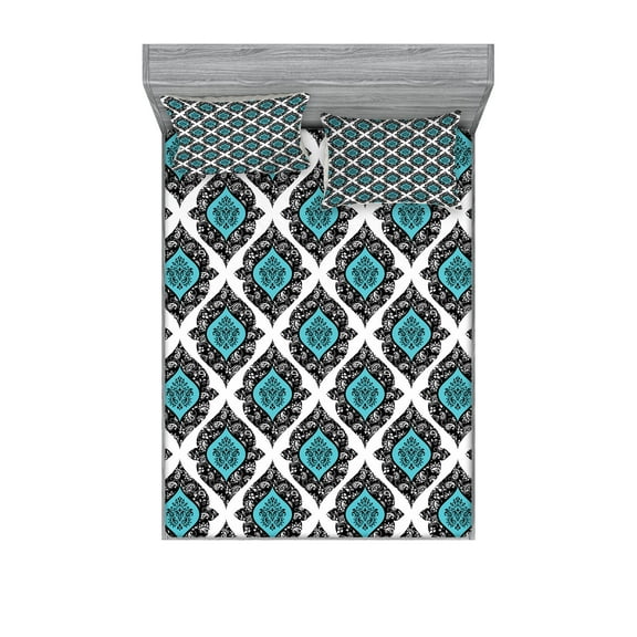 Ambesonne Floral Fitted Sheet & Pillow Sham Set, Victorian Antique Style, Full, Black Aqua White