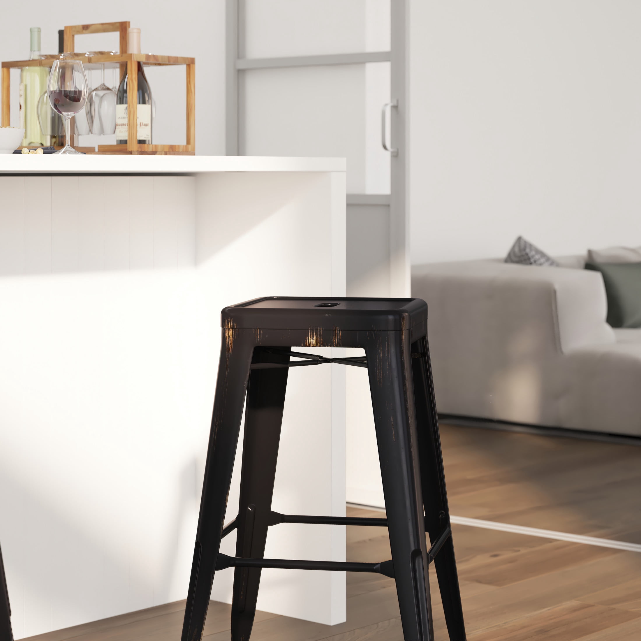 Merrick Lane Black-Antique Gold 30" High Backless Metal Bar Height Stool with Square Seat for Indoor-Outdoor Use