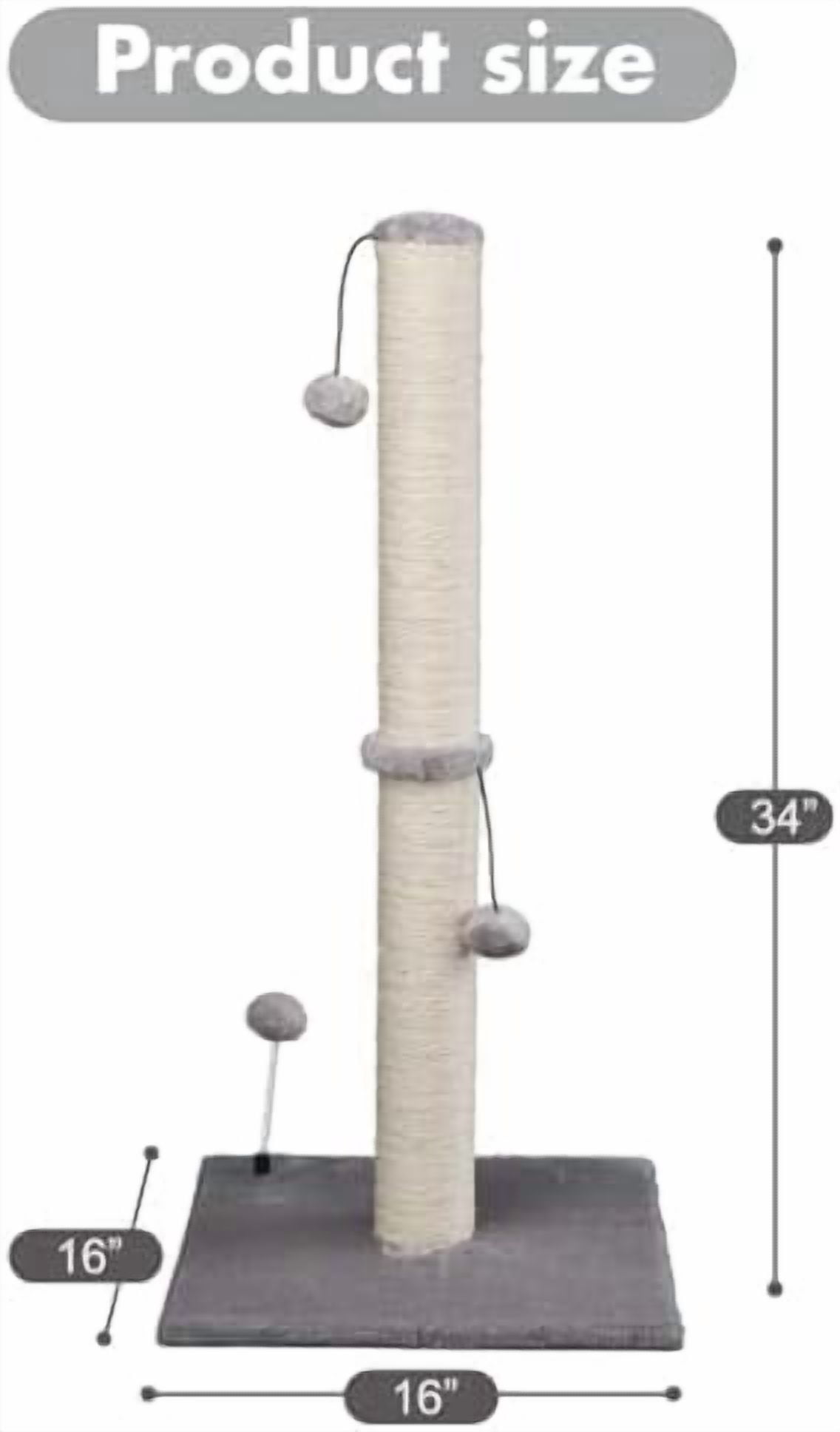 34“ Tall Cat Scratching Post Premium Basics Kitten Scratcher Sisal Scratch Posts Trees with Hanging Ball for Indoor Cats, Gray