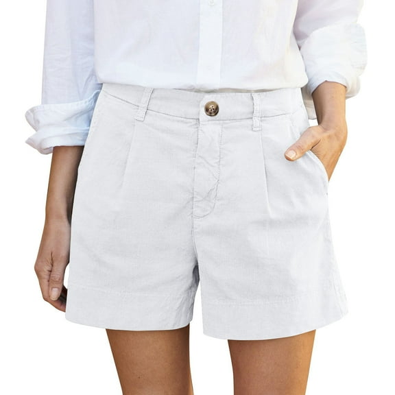 Women's Button-Fly Cotton Linen Shorts with Hidden Pockets - No Zipper Slim Fit Design, Wrinkle-Resistant Summer Casual Shorts,White L