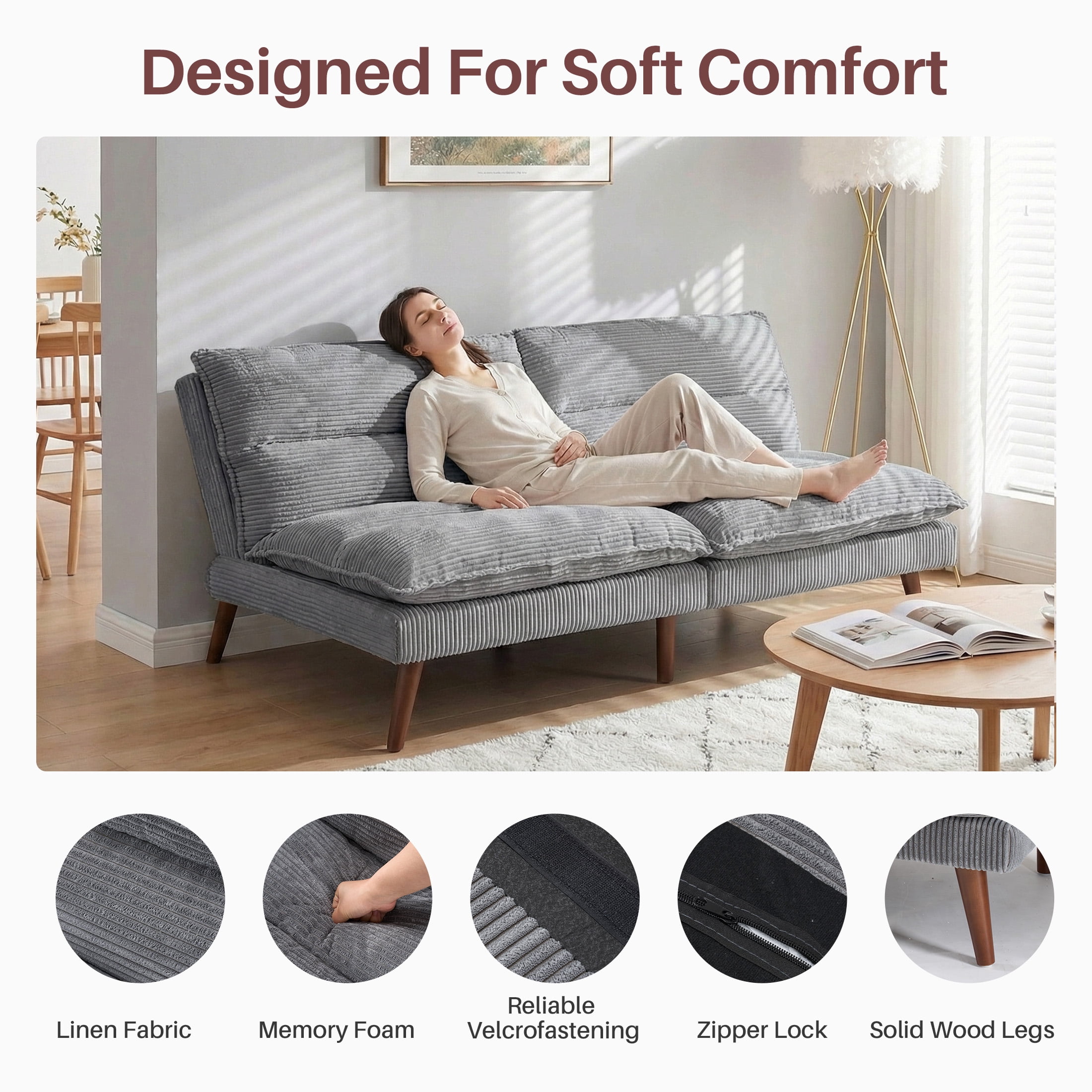 edx Stylish Futon Sofa Bed - Memory Foam Convertible Loveseat, Perfect Sleeper Convertible Futon Couch for Living Room, Corduroy Upholstery,Gray