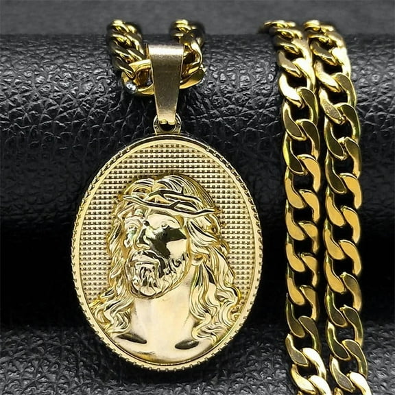 Crown of Thorns Jesus Men Necklace Hip Hop 14K Yellow Gold Christ Medal Pendant Religious Necklaces Jewelry