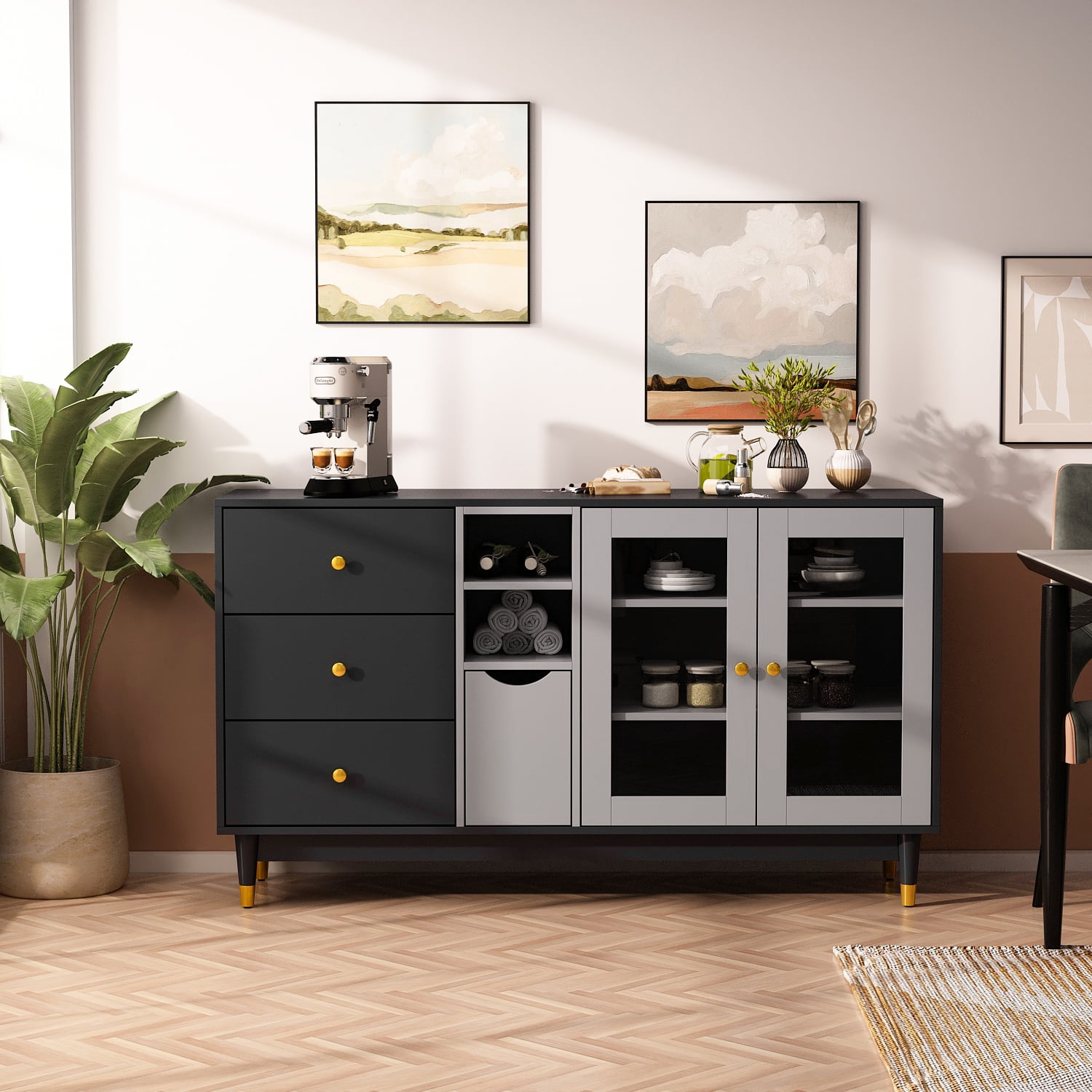 FUFU&GAGA Floor Buffet Storage Cabine with 2 Acrylic Glass Doors