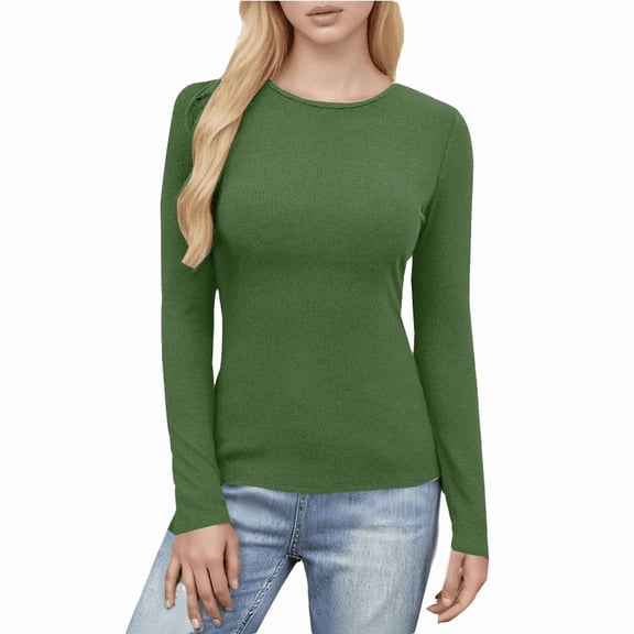 Ribbed Crew Neck Long Sleeve Tops for Women Slim Fit Undershirts Knit Basic Casual Stretch Tees Shirts
