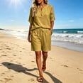thumbnail image 2 of Women's Half Placket V Neck 3/4 Sleeve Top Drawstring Pocket Bermuda Shorts 2 Piece Outfit, Solid Summer Beach Casual Matching Set Yellow XXXXXL(XXXXXL), 2 of 7