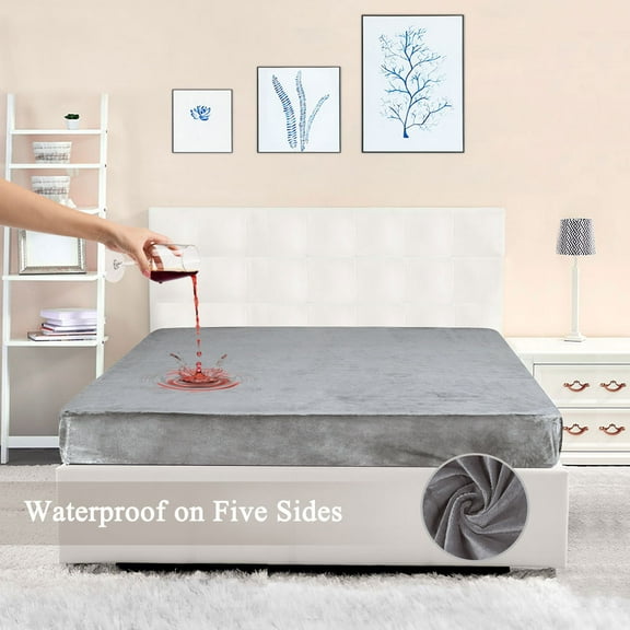 PiccoCasa Crystal Velvet Waterproof Mattress Protector with Five-Sides TPU Membrane Layer, King Gray