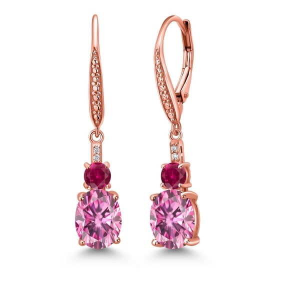 Gem Stone King 18K Rose Gold Plated Silver Pink Moissanite and Red Created Ruby Dangle Earrings for Women with Lab Grown Diamond (4.53 Cttw, Oval 9X7MM)