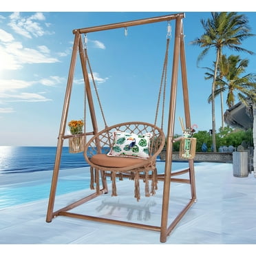 Macrame Hammock Swing Chair with Cushion and Reinforced Solid Structure Hanging Stand - Included 2 Storage Baskets and 3 Hooks for Indoor Outdoor Patio Garden Balcony (Golden Brown)