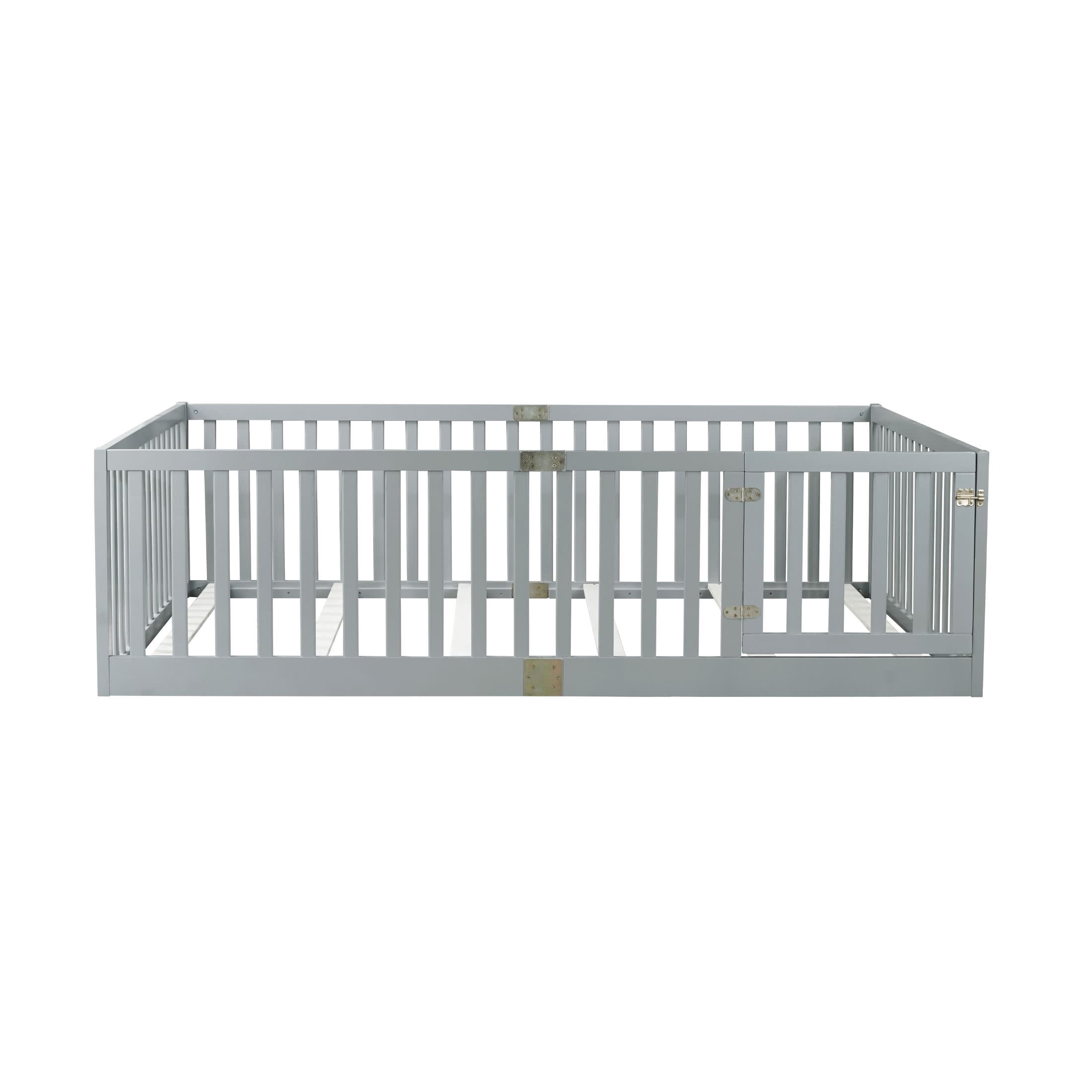 Noble House Nira Full Floor Bed with High Fence and Door, Rubber Wood Montessori Bed Frame, Kids' Room, Gray