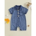 thumbnail image 3 of BemeyourBBs Baby Denim Jumpsuit Short Sleeve Lapel Button Up Solid Color Romper, 3 of 9
