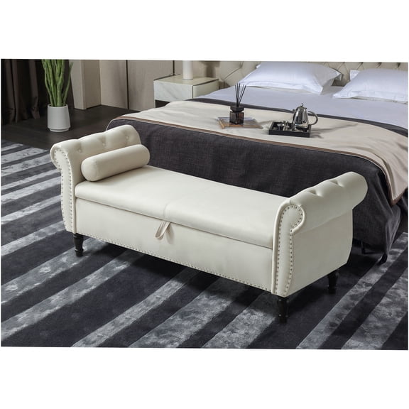JERFIT Velvet Upholstered Storage Ottoman Bench with Tufted Back and Nailhead Trim, Multifunctional Footstool Seat with Hidden Compartment for Living Room Bedroom, Beige