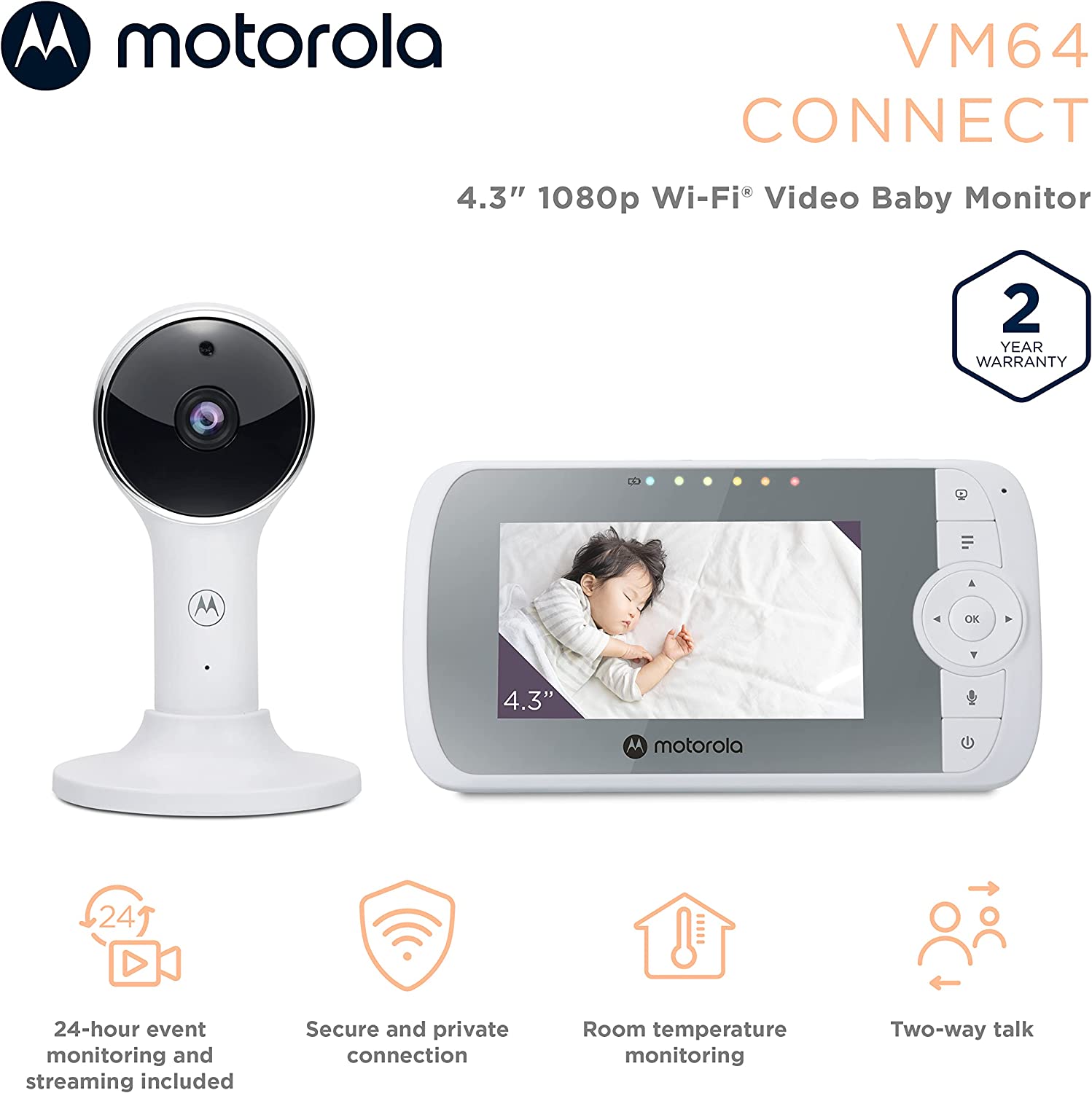 Motorola VM64 Full HD 1080p Wi-Fi Video Baby Monitor w/ 4.3" Color Screen & Zoom Camera | Two-Way Talk - image 5 of 15
