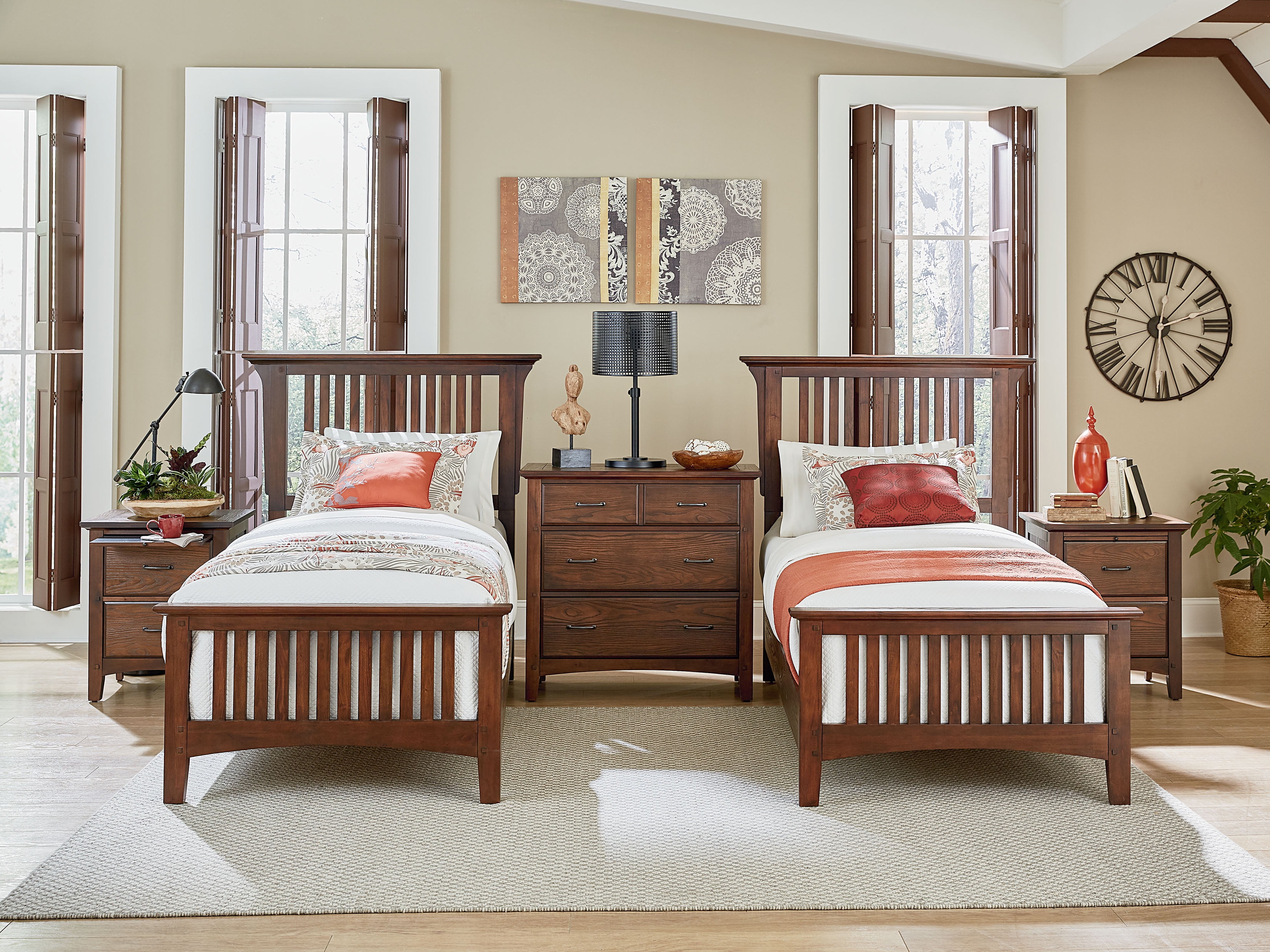 OSP Home Furnishings Modern Mission Double Twin Bedroom Set with 2 Nightstands and 1 Chest in Vintage Oak Finish 9/CTN