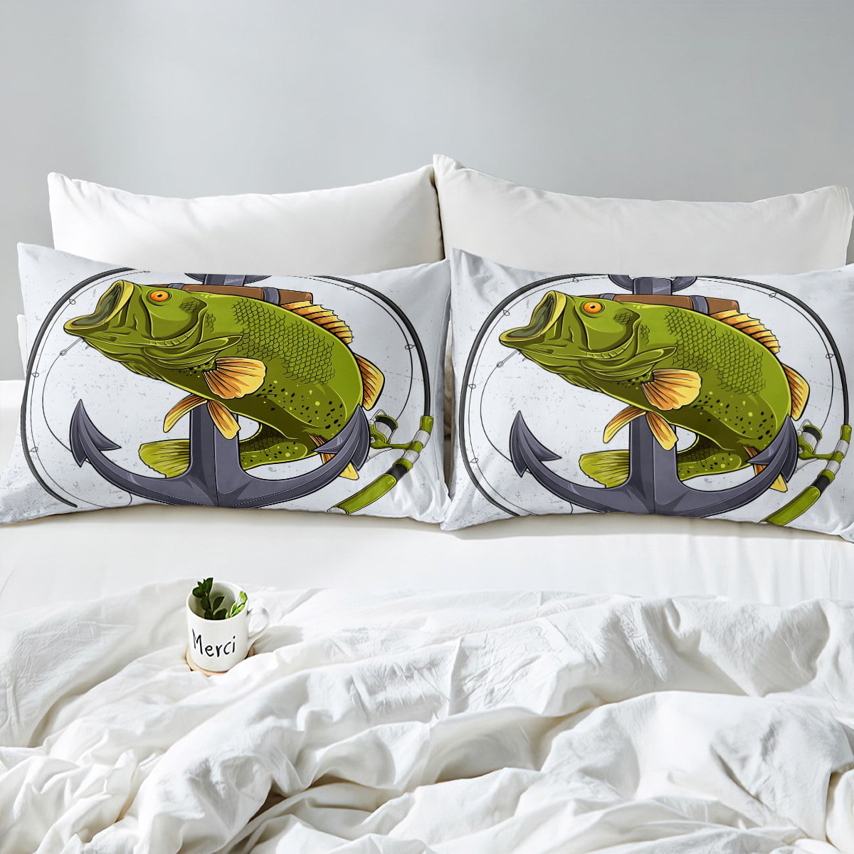 YST Green Bass Fish Duvet Cover Queen Vintage Anchor Bedding Set, Nautical  Theme Comforter Cover Fishing Reel Bed Sets, Rustic Farmhouse Decor Bedding  for Kids Bedroom Decor 3pcs 