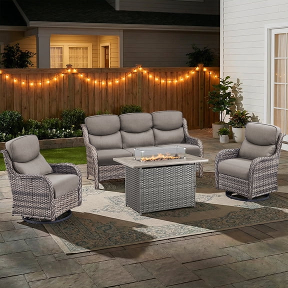 Gymojoy 4-Pieces Outdoor Furniture Set with 50,000 BTU Fire Pit Table, Swivel Rockers and Rattan Sofa, Wicker Patio Conversation Sets with 5 inch Cushions