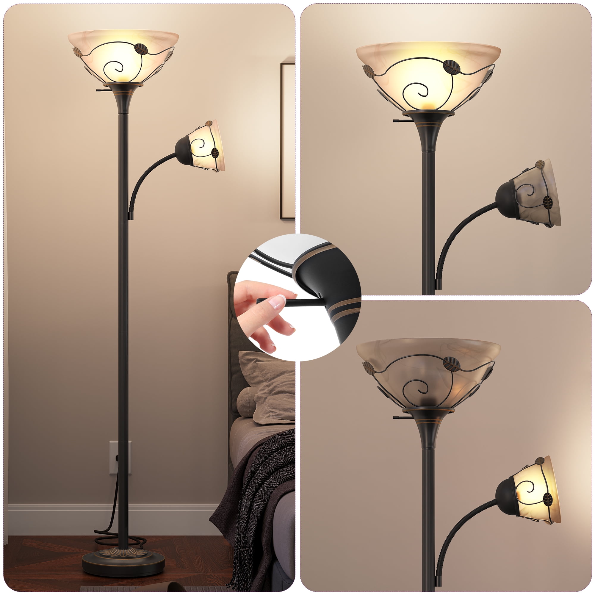 Dextrus 71'' Traditional Torchiere Floor Lamp with Hand-Painted Bronzed Pattern, 3-Way Switch, and Alabaster Glass Shades for Living Room, Bedroom, and Home Office