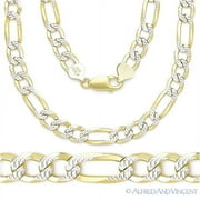6.8mm Figaro / Figaroa D-Cut Pave Link Italian Chain Necklace in .925 Sterling Silver w/ 14k Yellow Gold