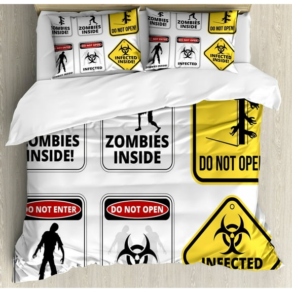 Zombie Duvet Cover Set King Size, Warning Signs for Evil Creatures Paranormal Construction Design Do Not Open Artwork, Decorative 3 Piece Bedding Set with 2 Pillow Shams, Multicolor, by Ambesonne