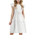thumbnail image 2 of Midi Dress for Teens Girls Cotton-Linen Cute Ruffles Cap Sleeve Crew Neck Drawstring High Waisted Juniors Solid Lightweight Dress Size 4-14, 2 of 8