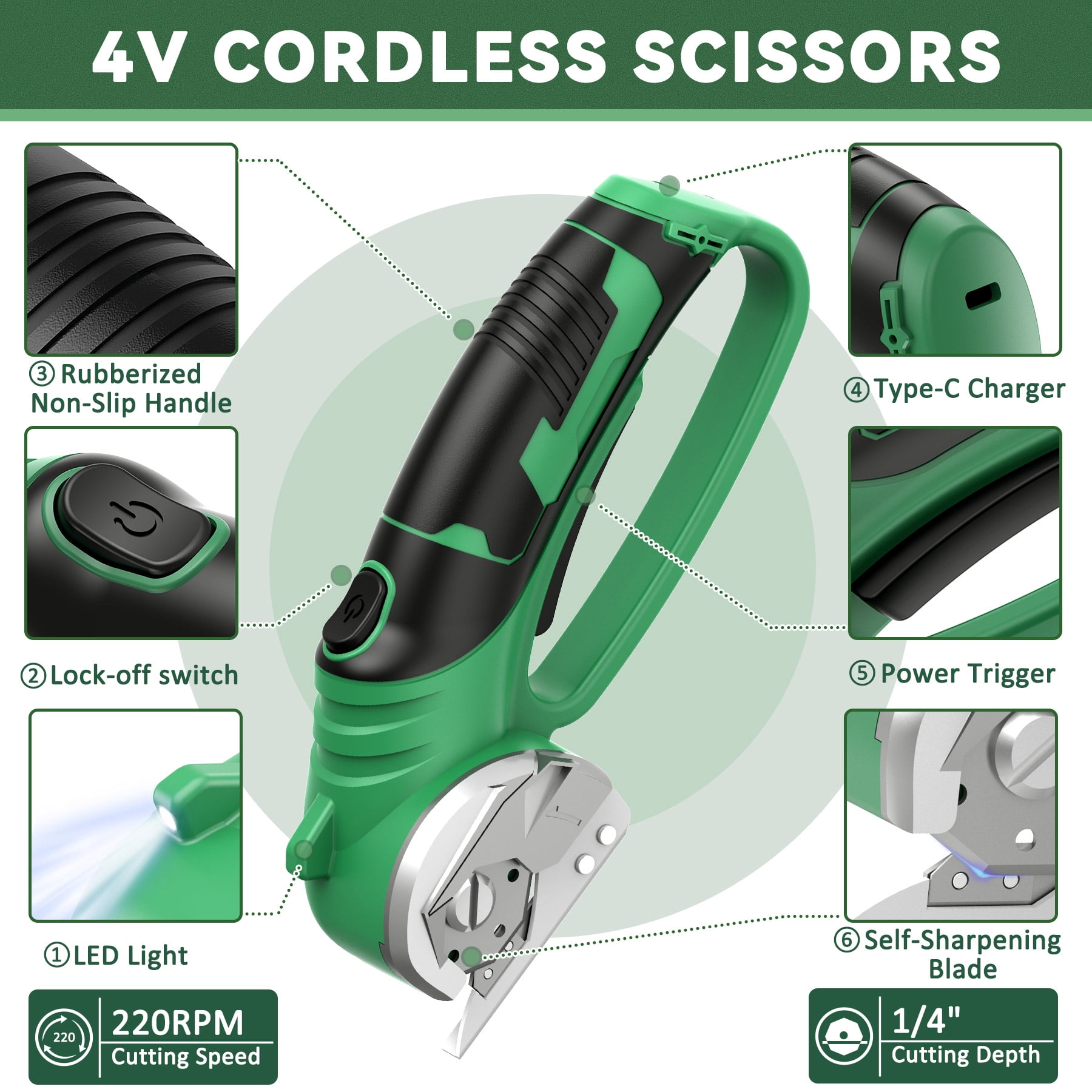 Jellas Cordless Electric Scissors, Cardboard Cutter, Rechargeable Powerful 4V Scissor Cutting Tool for Cardboard, Fabric, Leather, Green