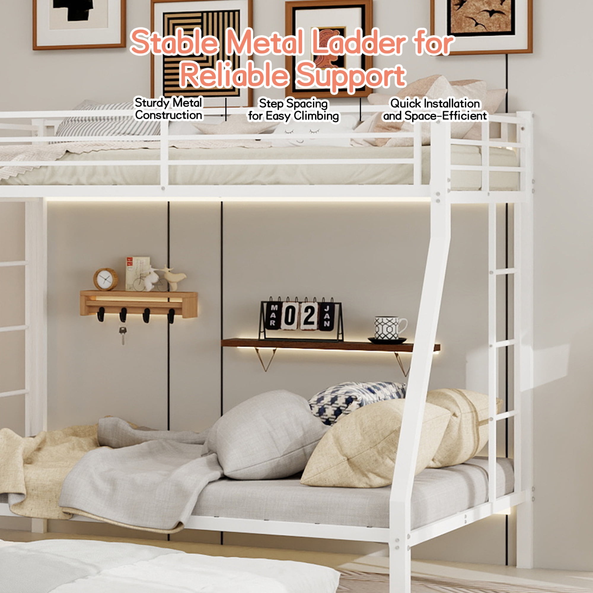 Leumius Metal Twin over Full Bunk Bed with Trundle, Space Saving Bunk Bed Frame with Ladder and Guardrails for Dorm, Apartment,White