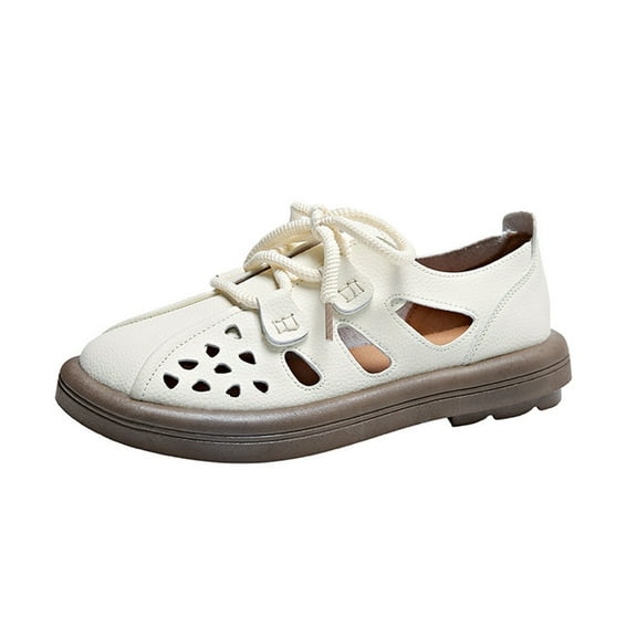 Women's Fashion Casual Spring And Summer Comfortable Sandals New Style Solid Color Breathable Hollow Cap Toe Lace-Up Flat Shoes Beige Women Sandal