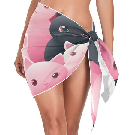 Cats Black Pink Cartoon Women Coverups Beach Cover Up Chiffon Swimsuit Bikini Wrap Short Skirt Beach Slit Tie Waist