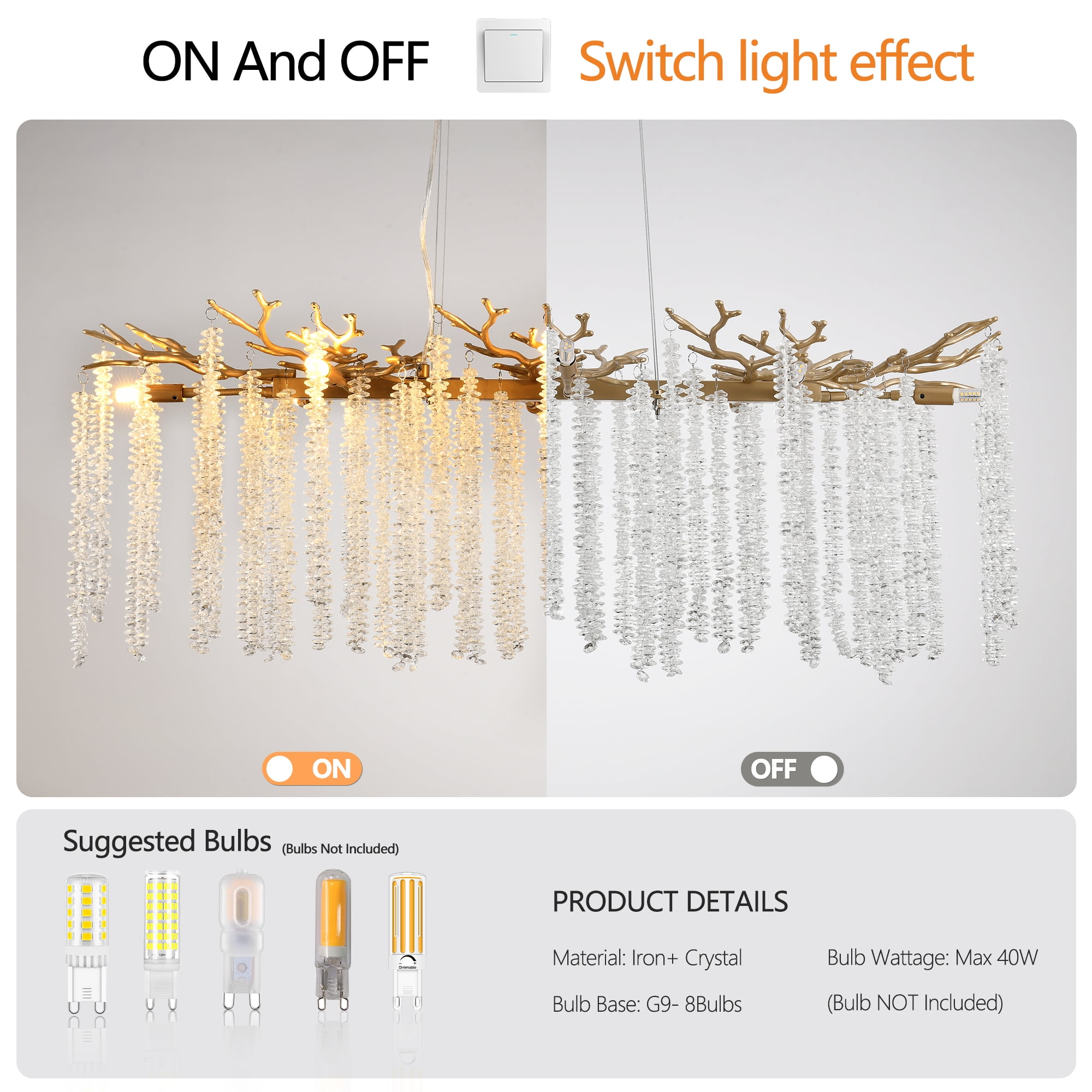 Modern Crystal Tree Branch Chandelier, Gold Linear Art Deco Raindrop Indoor Hanging Pendant Light Fixture for Dining Room Kitchen Island Living Room Bedroom 8 Lights 39.4''