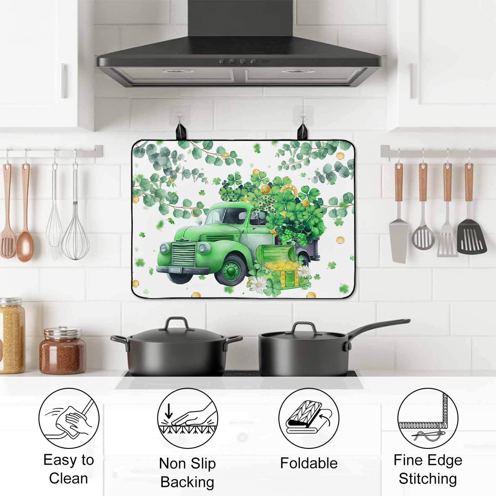 Green Truck St. Patrick's Day Stove Top Cover for Electric Stove, Heat-proof & Non Slip Glass Top Stove Cover Protector, Lucky Eucalyptus Leaves Kitchen Flat Cooktop Rubber Mat 24x21 Inches