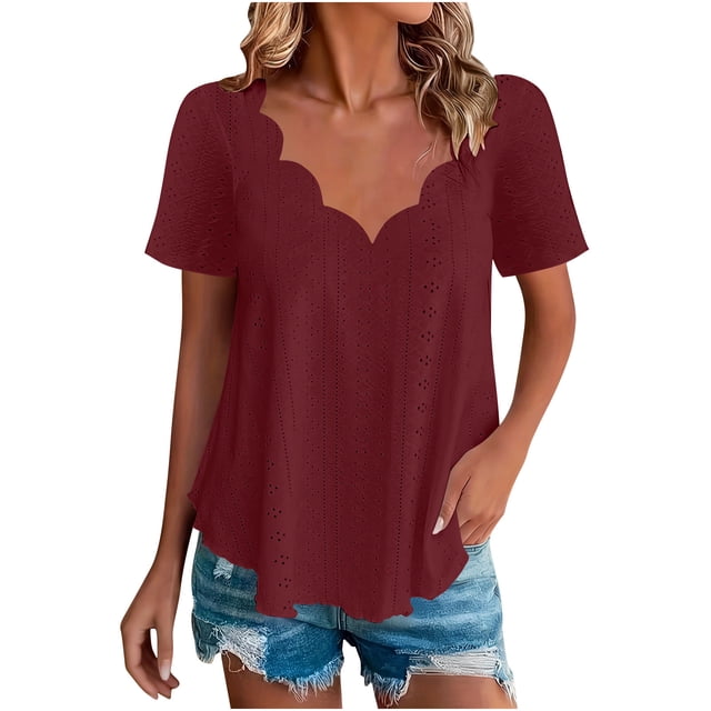 Blusa de Estilo de Corte de Color Sólido Casual, Camisa Respirable de Manga Corta para el Uso Diario