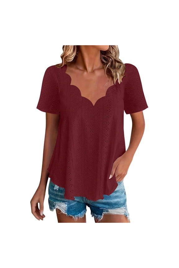 Plus Size Eyelet Shirts for Women Wave V Neck Breathable Flowy Blouse Summer Tops Wine/S